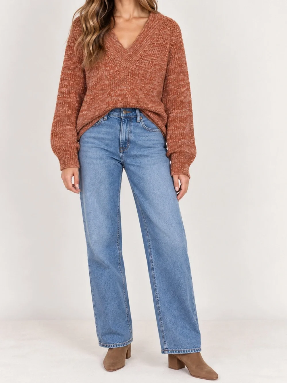 A New Day Chunky Knit V-neck Sweater Oversized Rust Orange Marled Cotton Small